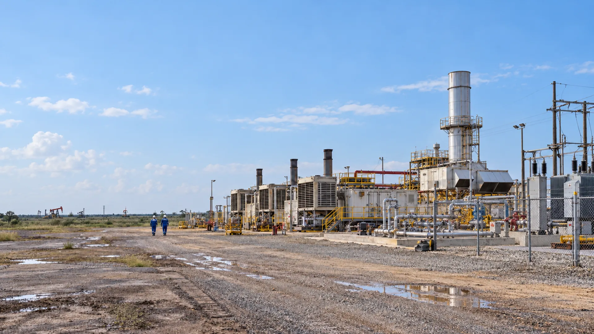 Planta de generación eléctrica con motores a gas, turbina y subestación en campo petrolero