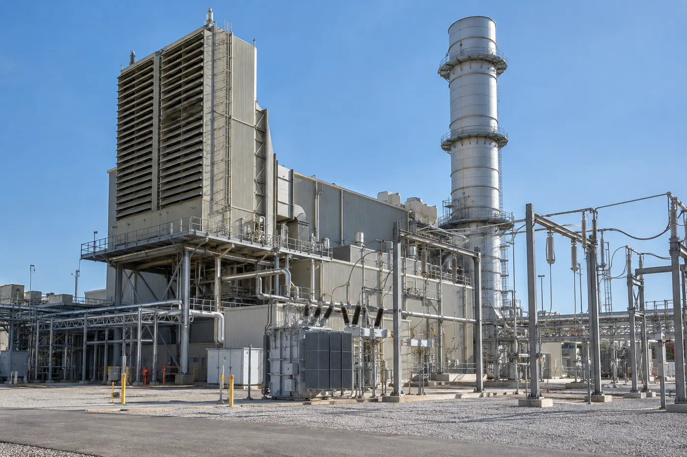 Planta de generación con turbina a gas heavy-duty, transformador elevador y subestación